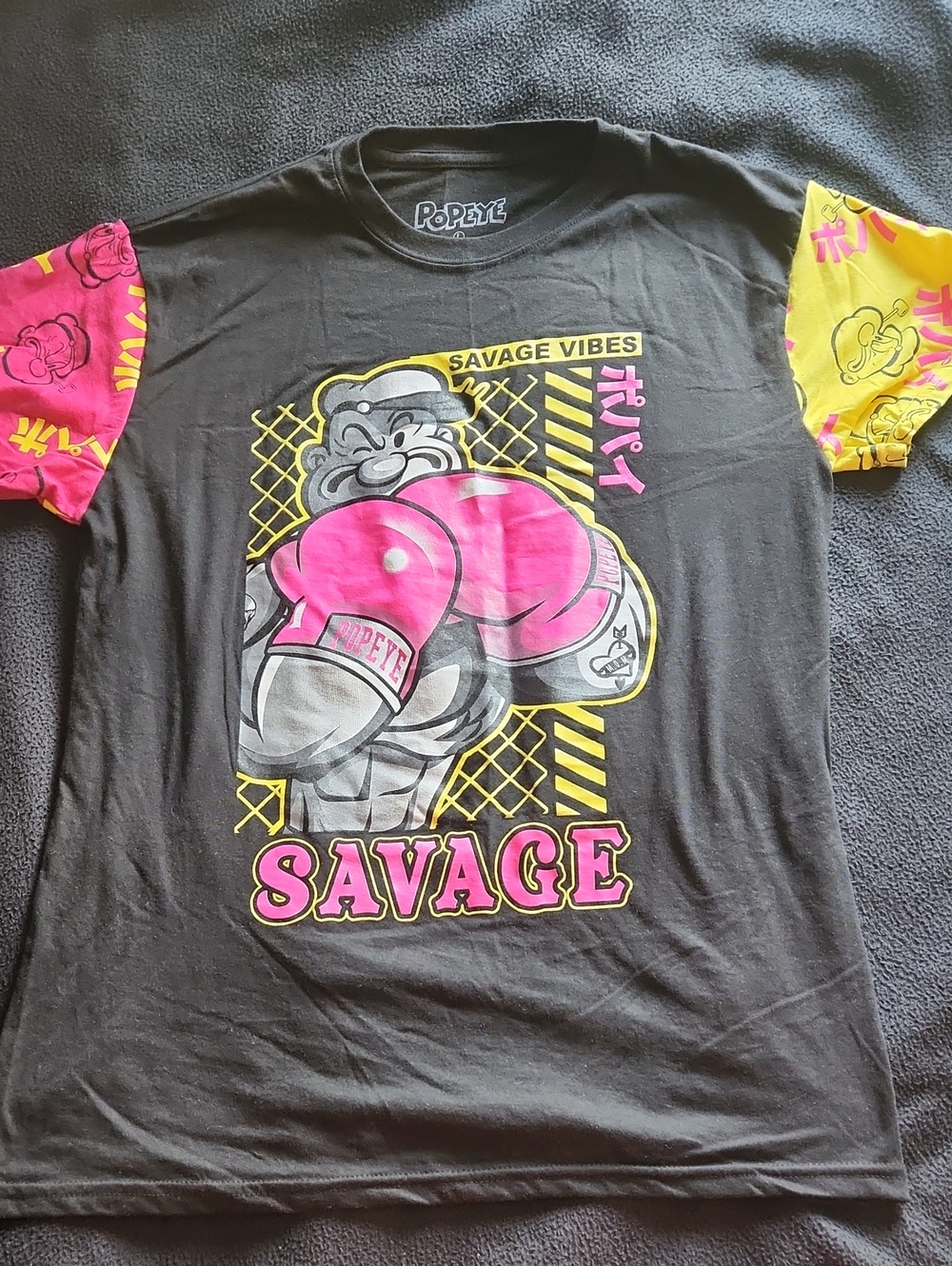 Mens Popeye "Savage" Graphic Tee - Black with Pink & Yellow Accents